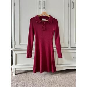 Romantic burgundy red knit mini dress with collar feminine Parisian style 60s